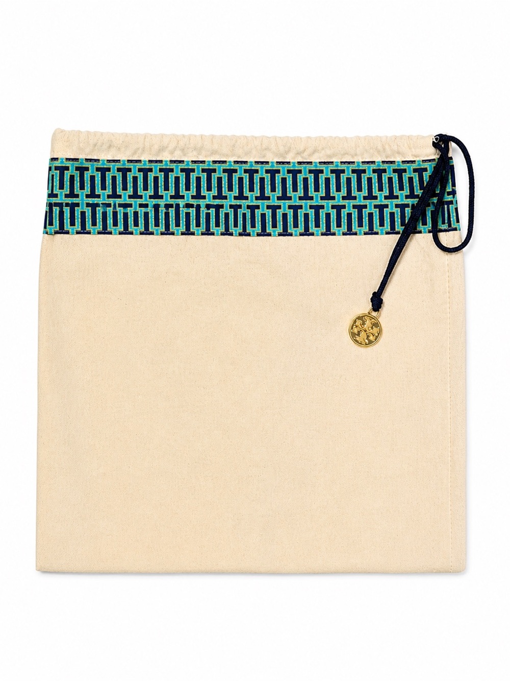 Tory Burch Cream Canvas Dust Bag with Teal & Navy Trim and Gold Logo Charm